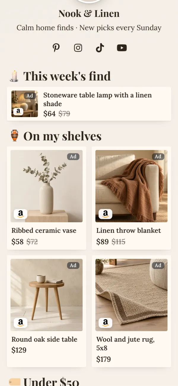 Photo, title and price, not a bare link