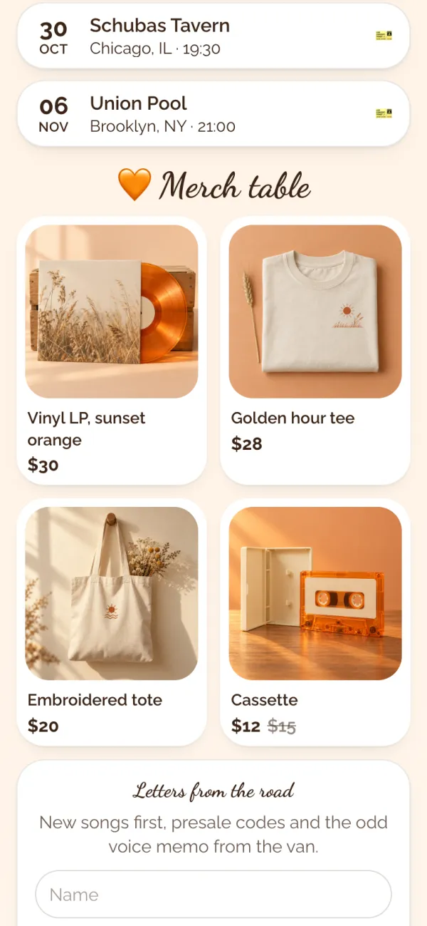 Your merch with photos and prices