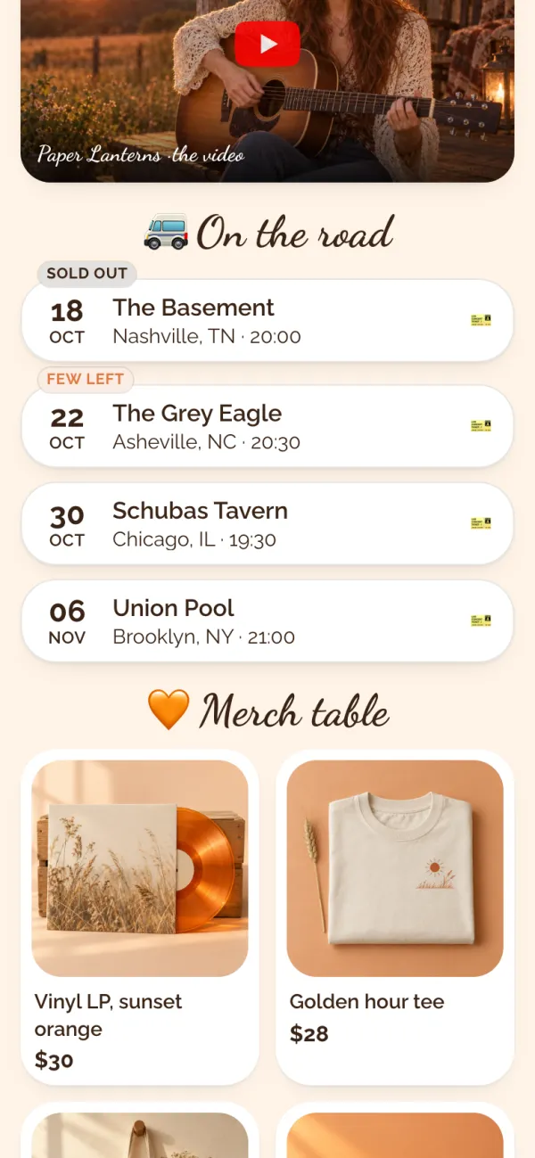 Every date with its own ticket link
