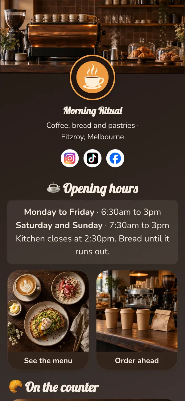 Corner Café template: Opening hours, the menu and order-ahead first, then the seasonal bake, a loyalty club and directions, on a warm espresso page with amber pill buttons.