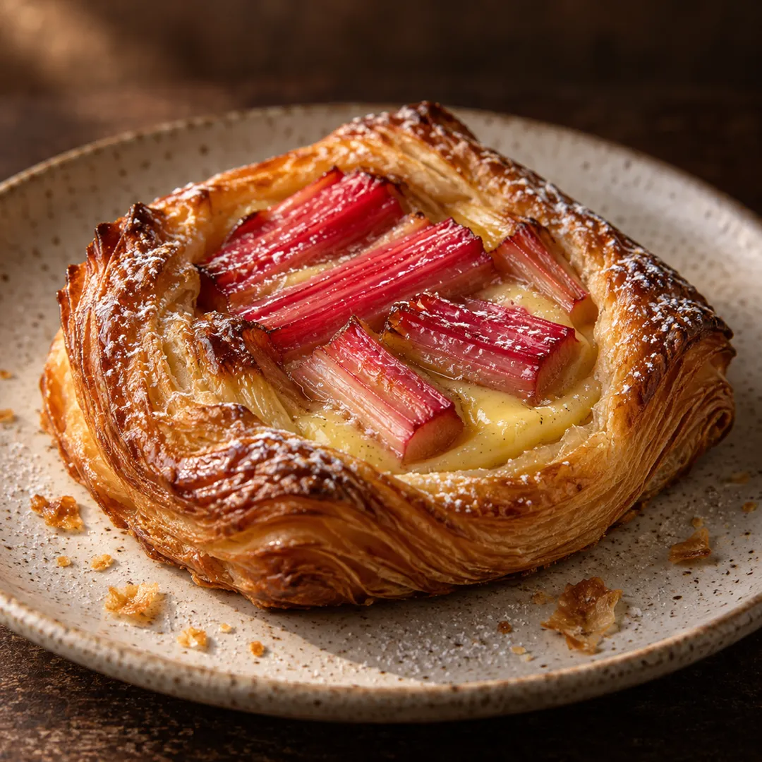 Rhubarb and vanilla custard danish on a stoneware plate