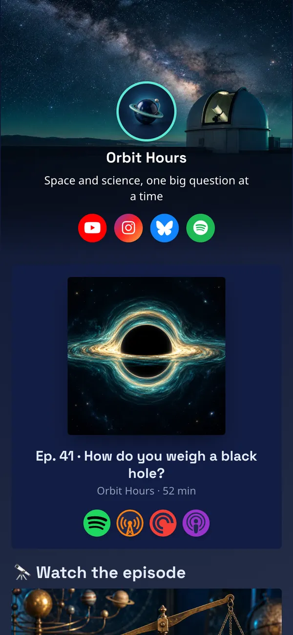 Deep Dive template: The newest episode, its video, a free course, show notes and listener questions, on a deep navy page under a starry observatory header.