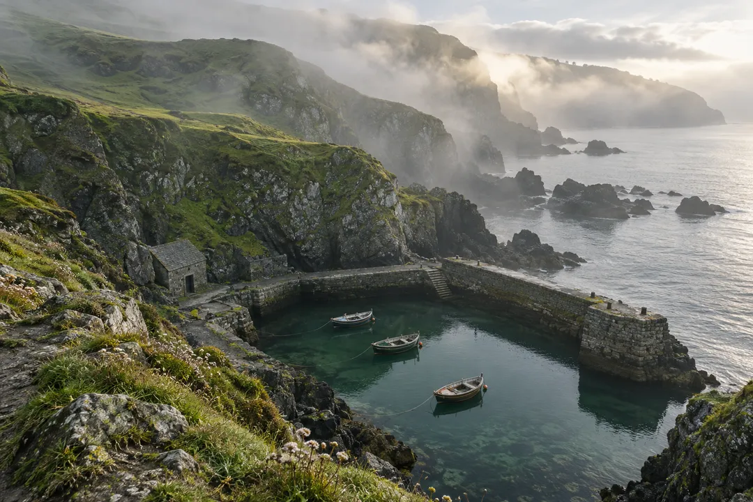 Morning fog lifting off sea cliffs above a small harbour