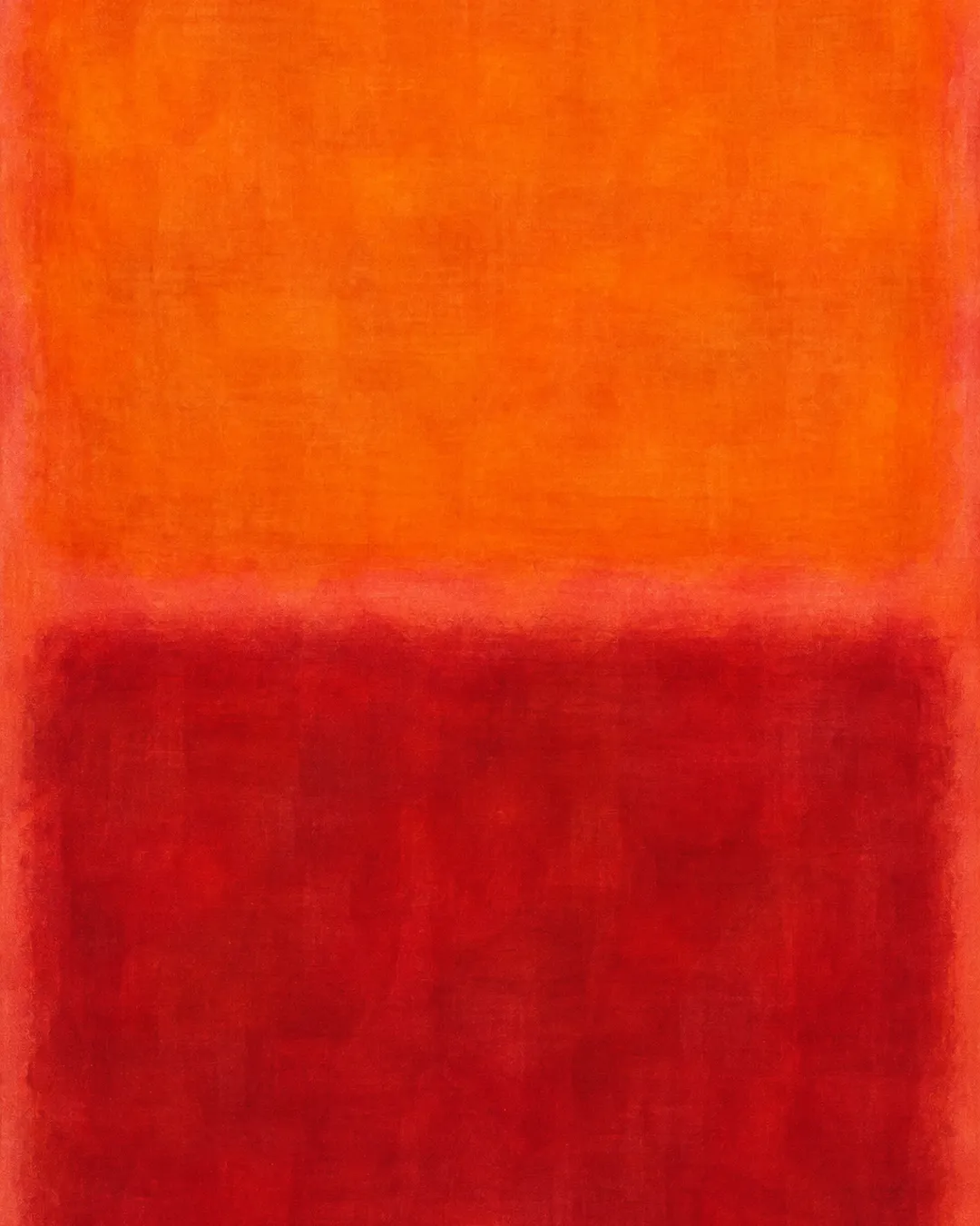 Large abstract painting of soft orange and deep red colour fields