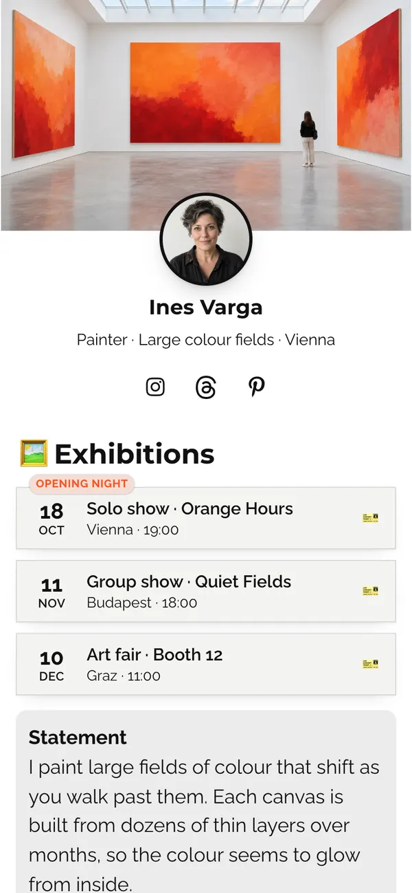 Gallery Night template: Your exhibitions, an artist statement and a limited print, on a white gallery wall with a vivid orange accent.