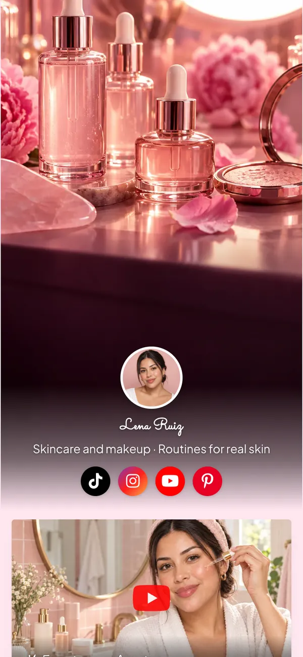 Glow Edit template: Your routine video, the products you swear by, your own kit and a discount code, on a soft pink page under a glowing vanity header.