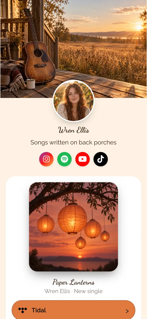 Golden Hour template: Your new single on every platform, the video, tour dates and the merch table, on a warm apricot page with pill buttons and a sunset banner.
