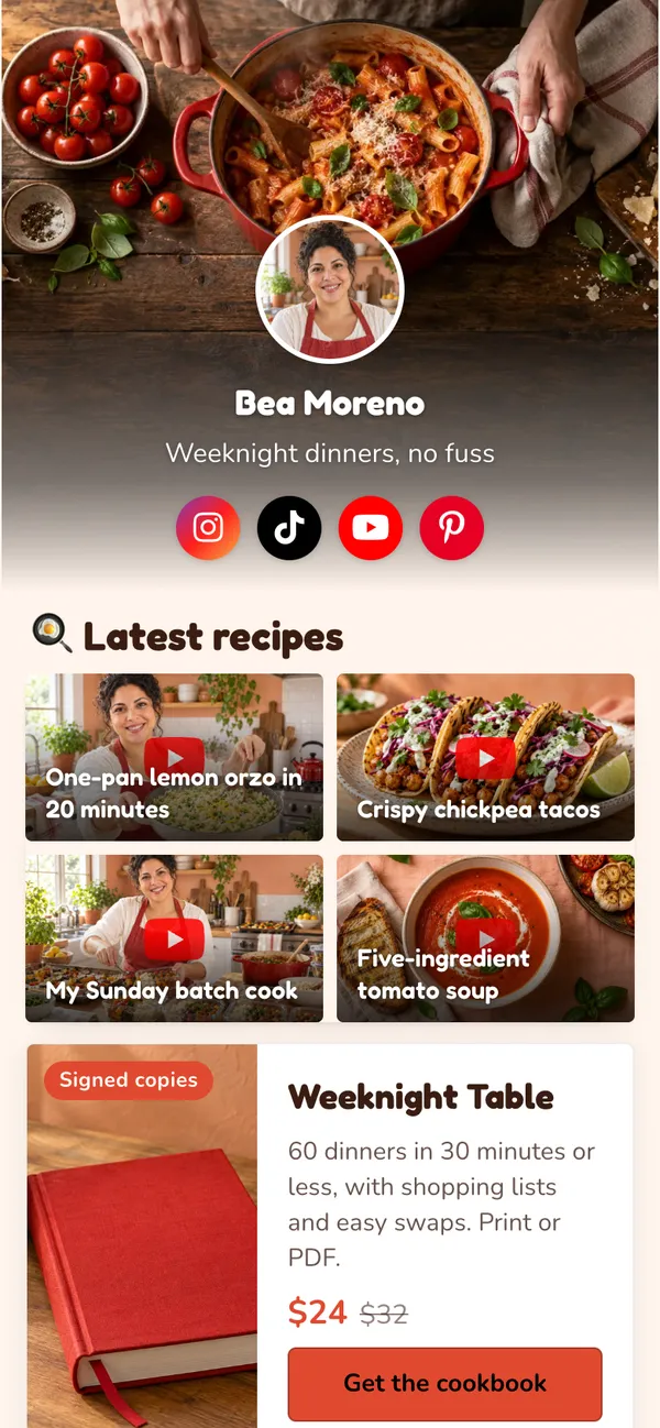 Home Cook template: Recipe videos, your cookbook, the kitchen gear you swear by and a weekly recipe email, on a soft peach page under a kitchen-table photo.
