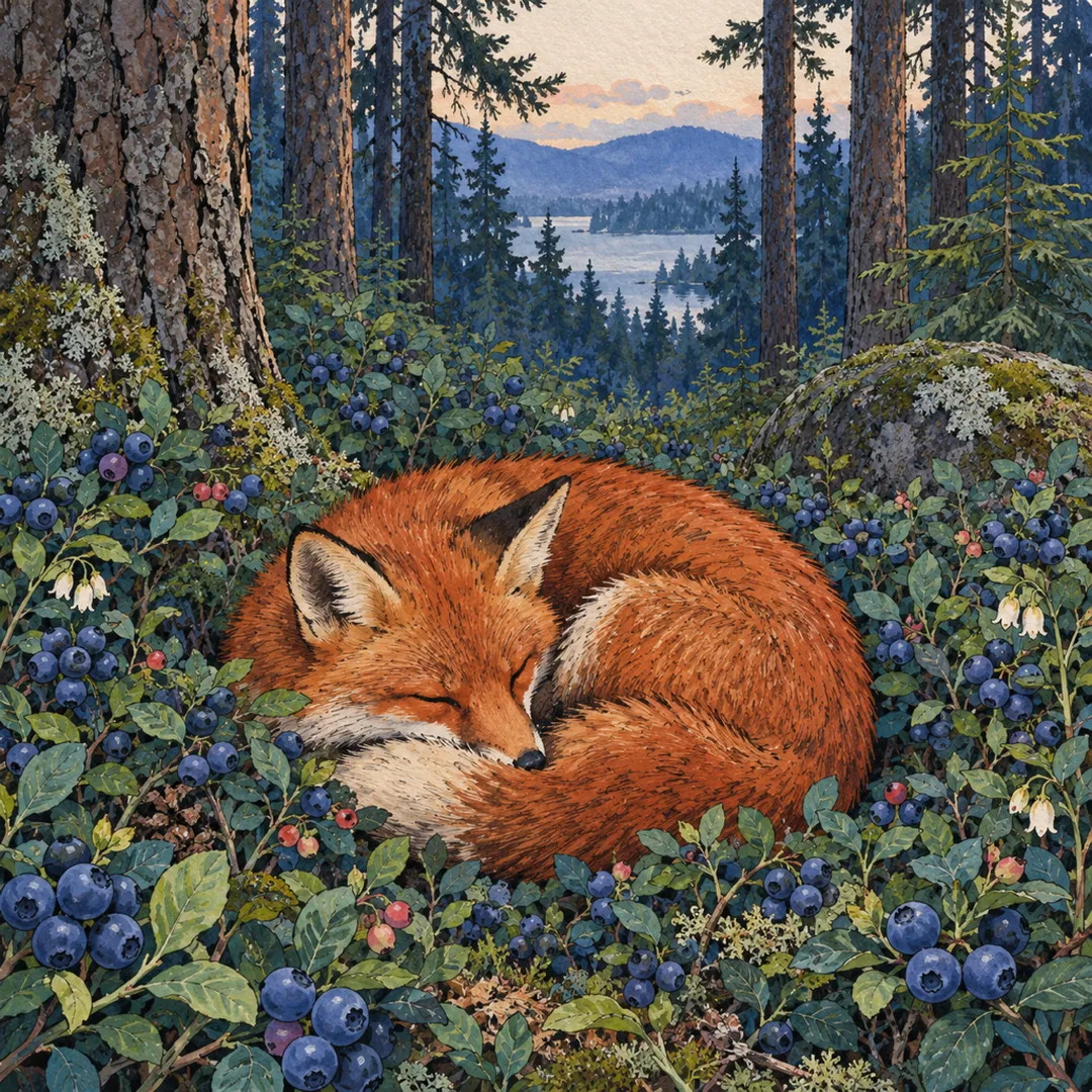 Ink and gouache illustration of a fox asleep in a blueberry forest