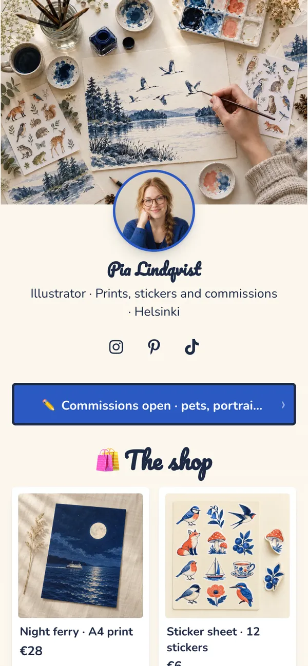 Ink & Line template: Open commissions, a shop of prints and stickers and your latest piece, on warm paper with cobalt ink.