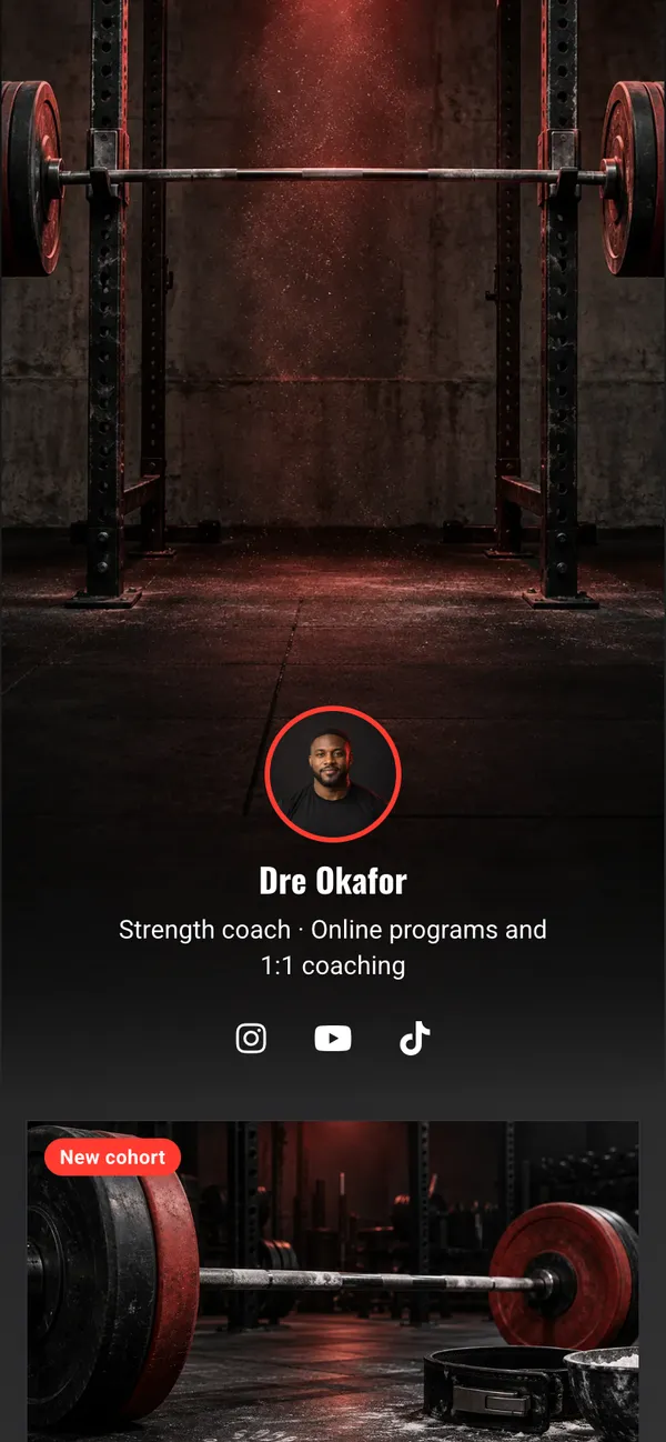 Lift Lab template: A 12-week program, a free intro call, form tip videos and your training gear, on a black page with a signal-red accent.