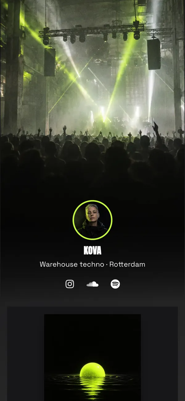 Low End template: Your latest release, the next gigs and a booking form, on a black page with a club-light header.