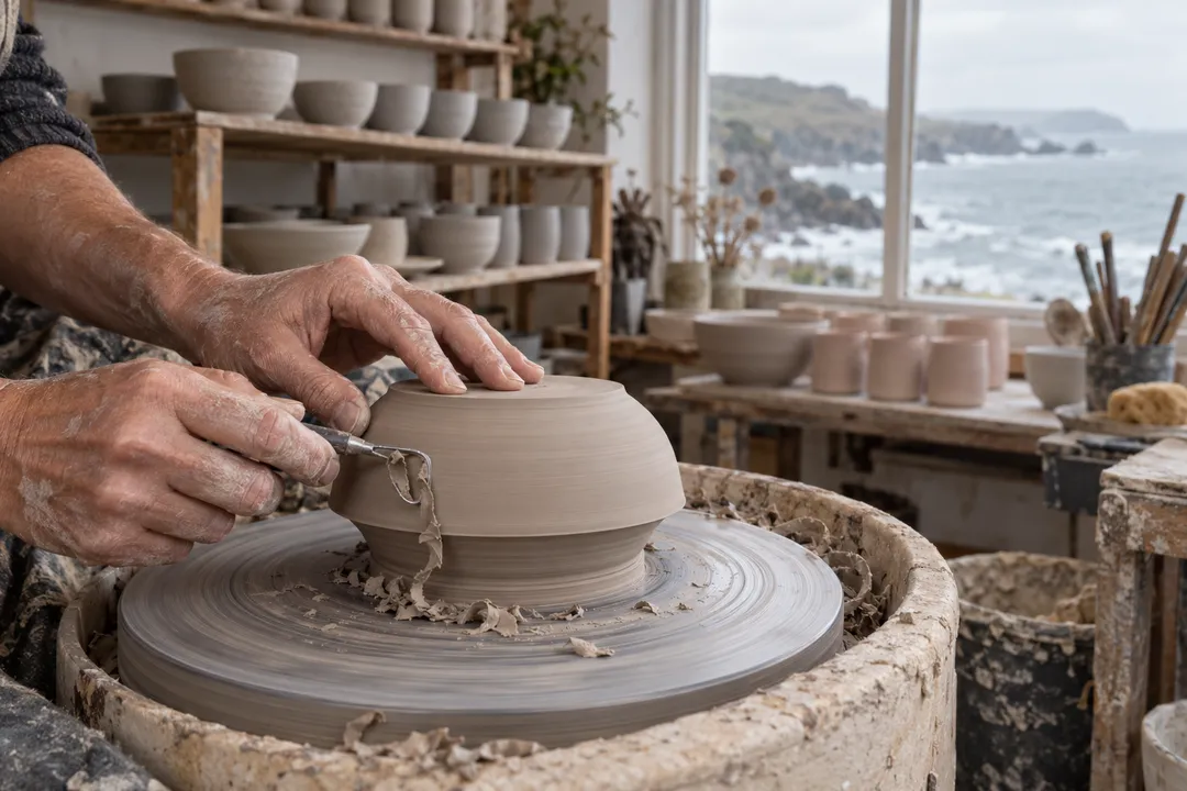 Trimming a bowl on the wheel in the studio