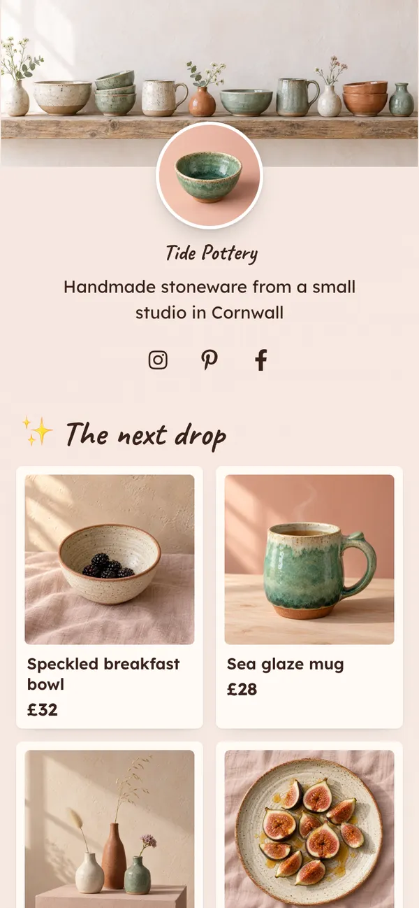 Maker Market template: Your next drop with prices, open studio days, a map and an early-access list, on a warm clay page with handwritten headings.