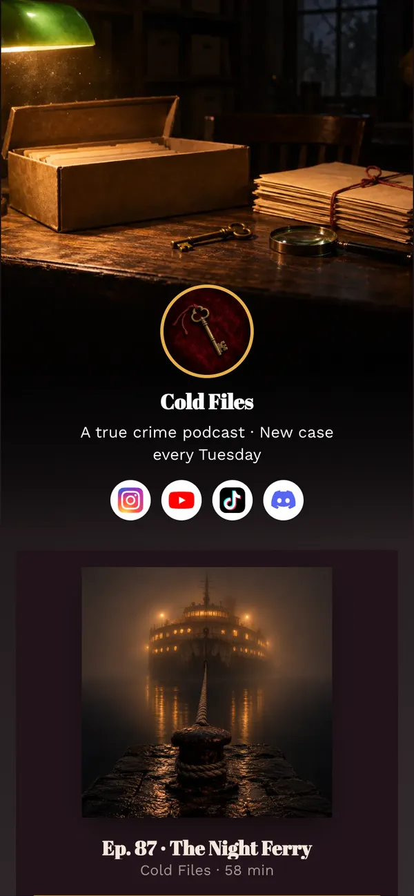 Night Shift template: Your newest episode on every podcast app, episode videos, Patreon and merch, on a near-black page with an amber-lit archive header.