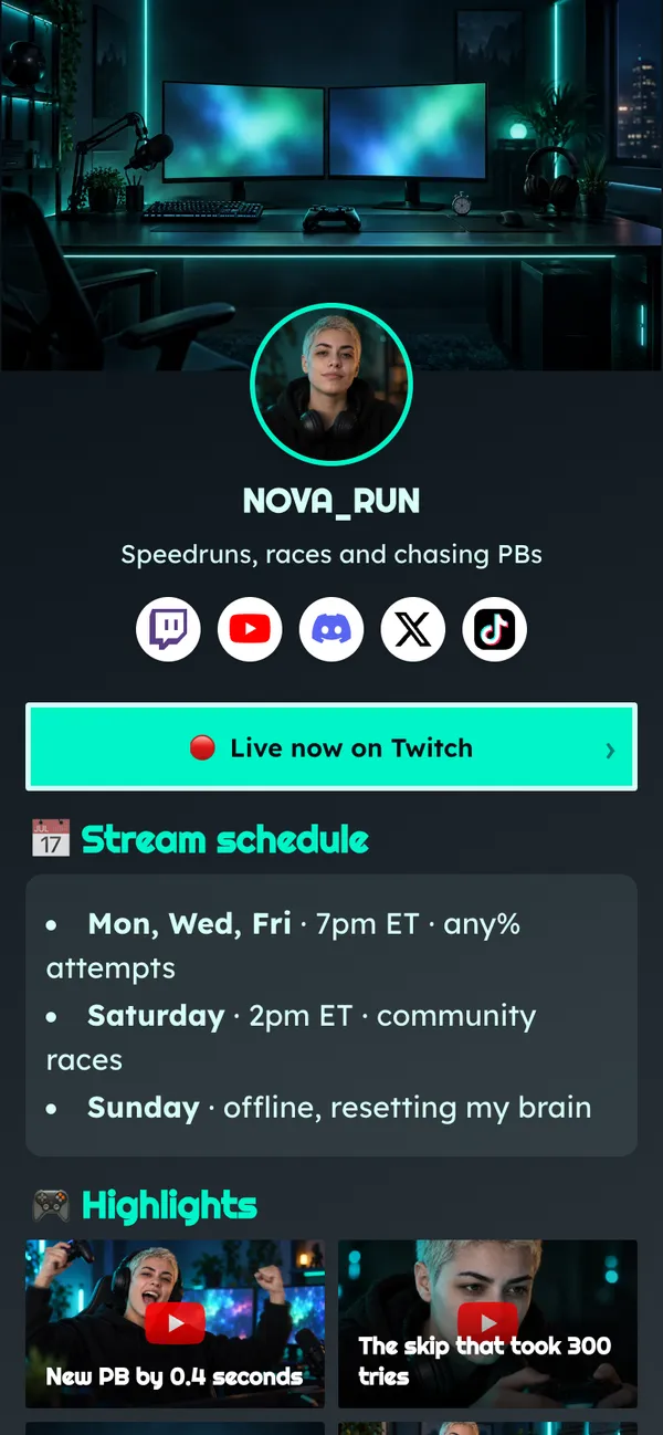 Pixel Run template: A big live button, your stream schedule, highlight clips and merch, on a dark page with a neon desk banner.