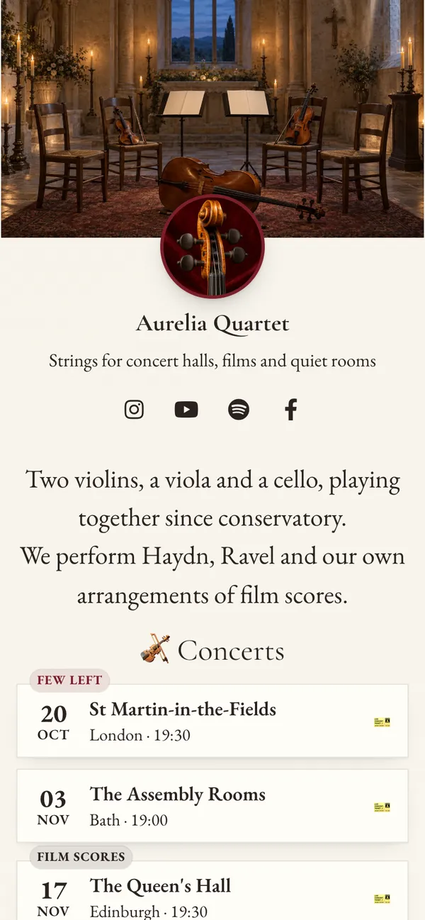 Quartet template: Concert dates, the album, a press kit and a booking form for weddings and events, on an ivory page set in Garamond.