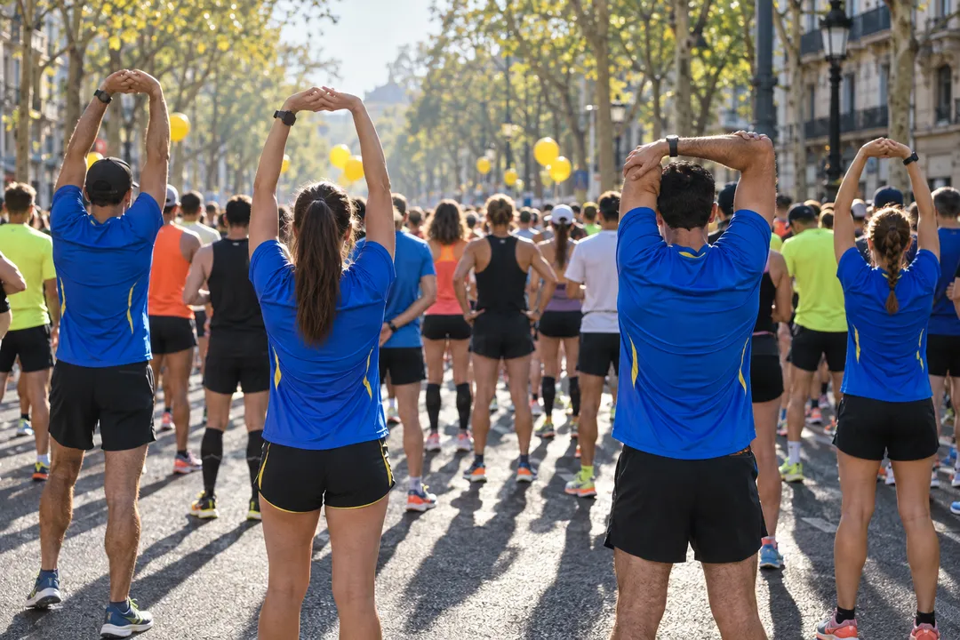 Club runners in blue tees at a race start, seen from behind