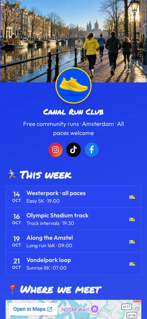 Run Club template: This week's runs, the meeting point on a map and the club kit, on a bold cobalt page with yellow marker headings.