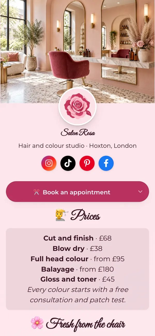 Salon Rosa template: Online booking first, then your price list, fresh work, gift cards and the map, on a blush-pink page with raspberry pill buttons.