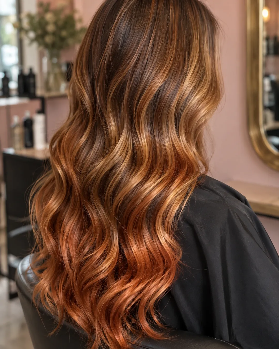 Long wavy hair with a copper balayage, seen from behind