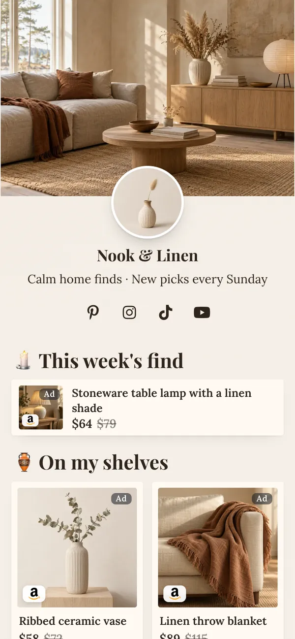 Shelf Life template: This week's find, shelves of picks with prices, finds under $50 and room tours, on a warm linen page with a calm living-room banner.