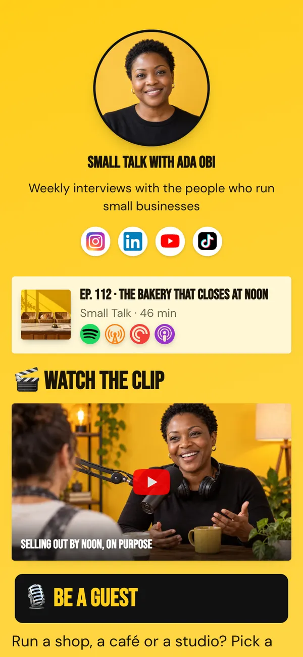 Small Talk template: Your latest episode, a booking calendar for guests, sponsor tiles and a newsletter, on a bright yellow poster page with a big round portrait.