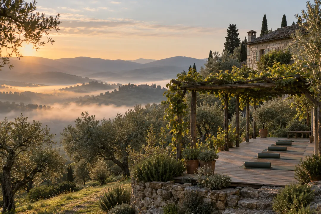 Stone farmhouse among olive trees at sunrise