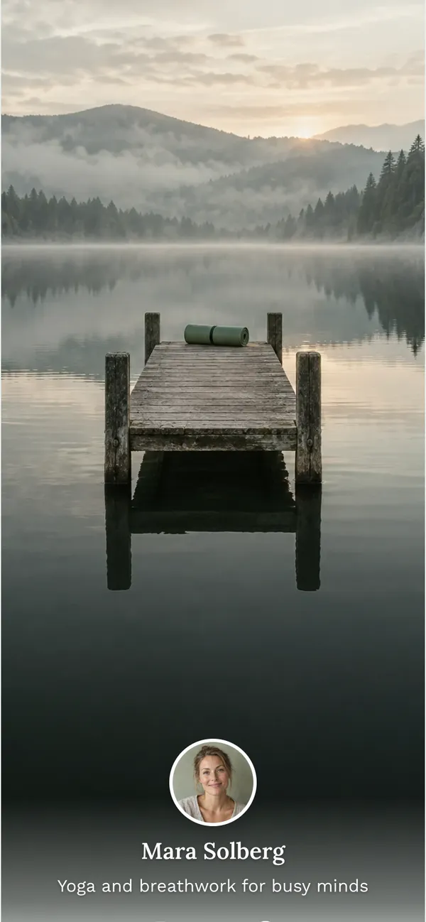 Still Water template: An online course, private classes, a free class, retreats and a Sunday letter, on a pale sage page under a tall, quiet lake at dawn.