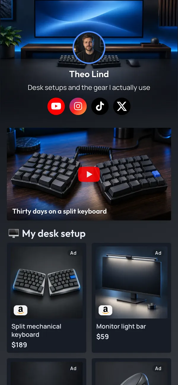 Tech Desk template: Your latest review, your desk setup as Amazon picks with prices, and the deals you are watching, on a graphite page with a blue-lit desk header.